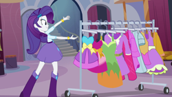 Size: 1920x1080 | Tagged: safe, imported from derpibooru, screencap, rarity, equestria girls, equestria girls (movie), boots, bracelet, carousel boutique, clothes, dress, fall formal outfits, female, high heel boots, jewelry, skirt, solo, stairs, that pony sure does love dresses, this is our big night