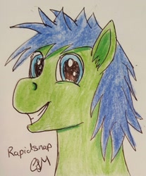 Size: 1379x1665 | Tagged: safe, artist:rapidsnap, imported from derpibooru, oc, oc only, oc:rapidsnap, pony, bust, happy, looking at you, smiling, solo, traditional art