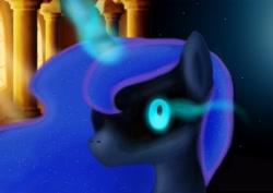 Size: 4000x2838 | Tagged: safe, artist:dragonhistorian, imported from derpibooru, princess luna, alicorn, pony, female, glowing eyes, glowing horn, mare, sans (undertale), solo, undertale