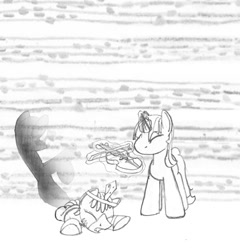 Size: 1083x1126 | Tagged: safe, artist:dsb71013, imported from derpibooru, oc, oc only, oc:snowy skies, oc:zig zag, unicorn, zebra, comic, monochrome, musical instrument, traditional art, violin