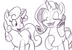 Size: 1000x700 | Tagged: safe, artist:goat train, imported from derpibooru, rarity, sweetie belle, pony, eyes closed, monochrome, older, open mouth, raised hoof, sketch