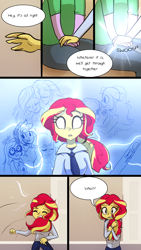 Size: 720x1280 | Tagged: safe, artist:little-tweenframes, deleted from derpibooru, imported from derpibooru, sci-twi, sunset shimmer, twilight sparkle, comic:canine advisory, series:sciset diary, equestria girls, clothes, comic, confused, dialogue, female, flashback, implied magical lesbian spawn, lesbian, magic, pregnancy test, scitwishimmer, shipping, sunsetsparkle, white eyes