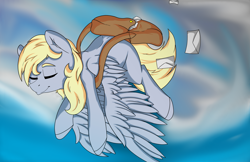 Size: 5950x3850 | Tagged: safe, artist:lula-moonarts, imported from derpibooru, derpy hooves, pegasus, pony, absurd resolution, eyes closed, female, flying, mail, mailbag, mailmare, mare, sky, smiling, solo