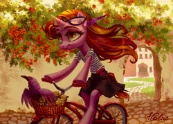 Size: 1647x1181 | Tagged: safe, artist:holivi, imported from derpibooru, oc, oc only, bird, pony, semi-anthro, unicorn, basket, beautiful, bicycle, bipedal, clothes, commission, cottagecore, cute, disney, feather, female, flower, glasses, mulan 2, riding, scenery, signature, skirt, solo, underhoof, windswept mane