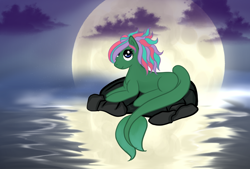 Size: 1600x1080 | Tagged: safe, artist:silversthreads, imported from derpibooru, oc, oc only, oc:seajade, aquapony, original species, pony, female, mare, moon, moonlight, ocean, solo, water