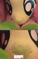 Size: 500x765 | Tagged: safe, artist:flutterbatismagic, artist:qtpony, imported from derpibooru, fluttershy, adorable face, boop, cute, face, irl, life size, noseboop, photo, plushie