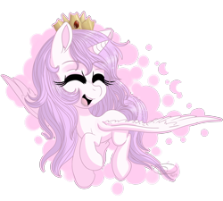 Size: 3000x2700 | Tagged: safe, artist:mimkage, imported from derpibooru, princess celestia, alicorn, pony, crown, cute, cutelestia, eyes closed, female, filly, jewelry, open mouth, pink-mane celestia, regalia, simple background, smiling, solo, spread wings, transparent background, wings, younger