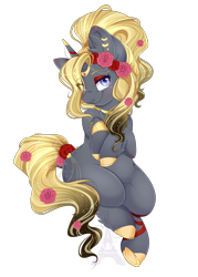 Size: 1600x2240 | Tagged: safe, artist:pvrii, artist:silent-shadow-wolf, imported from derpibooru, oc, oc only, oc:rose, pony, unicorn, ear piercing, earring, eyeshadow, female, hair over one eye, jewelry, looking at you, makeup, mare, piercing, simple background, smiling, solo, transparent background