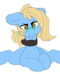 Size: 1280x1588 | Tagged: safe, artist:kribbles, imported from derpibooru, oc, oc only, oc:blank space, earth pony, pony, bandaid, bandaid on nose, blushing, collar, male, ponytail, prone, solo, stallion