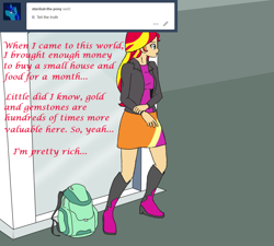 Size: 1000x900 | Tagged: safe, artist:deltalima, imported from derpibooru, sunset shimmer, ask dickhead shimmer, equestria girls, backpack, bag, boots, clothes, high heel boots, jacket, leather jacket, statue