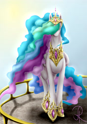 Size: 2893x4092 | Tagged: safe, artist:hitoame113, imported from derpibooru, princess celestia, alicorn, pony, absurd resolution, balcony, crown, female, hair covering face, jewelry, peytral, regalia, solo