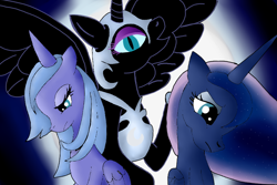 Size: 900x600 | Tagged: safe, artist:drawing-moo, imported from derpibooru, nightmare moon, princess luna, alicorn, pony, duality, lunar trinity, s1 luna