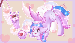 Size: 1024x589 | Tagged: safe, artist:twily-star, imported from derpibooru, oc, oc only, oc:starbit, bat pony, pony, bat pony oc, exclamation point, female, heart, mare, milkshake, pictogram, solo, watermark