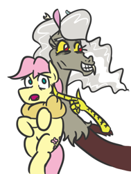 Size: 342x453 | Tagged: safe, artist:jargon scott, imported from derpibooru, discord, fluttershy, pegasus, pony, butterscotch, eris, grin, open mouth, rule 63, simple background, smiling, white background