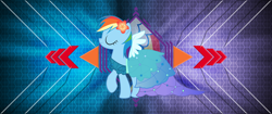 Size: 3440x1440 | Tagged: safe, artist:cumill11, artist:laszlvfx, deleted from derpibooru, edit, imported from derpibooru, rainbow dash, pony, clothes, dress, eyes closed, flower, flower in hair, princess dress, raised hoof, solo, wallpaper, wallpaper edit