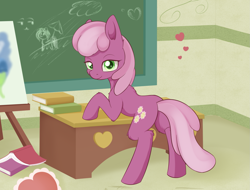 Size: 1727x1312 | Tagged: safe, artist:dusthiel, imported from derpibooru, cheerilee, pony, book, chalkboard, female, fluffy, heart, looking at you, solo, table