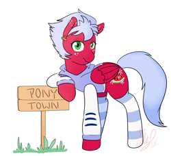 Size: 1280x1168 | Tagged: safe, artist:liziedoodle, imported from derpibooru, oc, oc only, oc:melon frost, pony, pony town, clothes, ear piercing, earring, freckles, grass, hoodie, jewelry, leaning, leaning on sign, piercing, sign, smiling, socks, striped socks