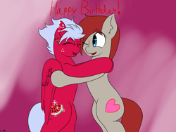 Size: 2000x1500 | Tagged: safe, artist:eclipsepenumbra, imported from derpibooru, oc, oc only, oc:melon frost, oc:ponepony, birthday, eyes closed, freckles, hug, one eye closed, simple background