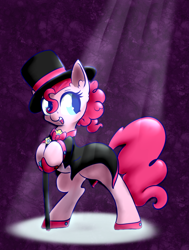 Size: 868x1146 | Tagged: safe, artist:alazak, imported from derpibooru, pinkie pie, pony, cane, clothes, colored pupils, cute, diapinkes, ear fluff, female, hat, open mouth, solo, top hat, tuxedo