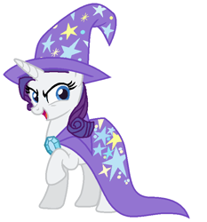 Size: 653x701 | Tagged: safe, artist:diana173076, imported from derpibooru, rarity, accessory swap, cape, clothes, female, hat, raised hoof, simple background, solo, the great and powerful, trixie's cape, trixie's hat, white background