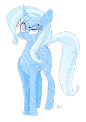 Size: 1034x1466 | Tagged: safe, artist:ogaraorcynder, derpibooru exclusive, imported from derpibooru, trixie, pony, unicorn, curved horn, female, looking at you, missing accessory, missing cutie mark, simple background, sketch, smiling, solo, white background