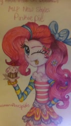 Size: 920x1632 | Tagged: safe, artist:bananafloursplits, imported from derpibooru, pinkie pie, equestria girls, cupcake, female, food, one eye closed, solo, tongue out, traditional art, wink