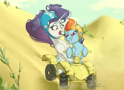 Size: 7014x5100 | Tagged: safe, artist:flita, imported from derpibooru, rainbow dash, rarity, pegasus, pony, unicorn, absurd resolution, atv, commission, duo, helmet, offroading, riding, scared, smiling, smirk, vehicle