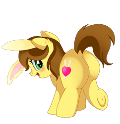 Size: 1612x1663 | Tagged: safe, artist:pridark, imported from derpibooru, oc, oc only, oc:emi, oc:emi hartman, oc:emi the bunny girl, blushing, bunny ears, butt, commission, cute, open mouth, plot, ponified?, simple background, solo, transparent background, underhoof