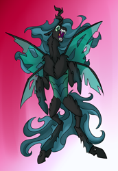 Size: 688x1000 | Tagged: safe, artist:foxenawolf, imported from derpibooru, queen chrysalis, changeling, changeling queen, fanfic:quantum gallop, fanfic art, female, four wings, multiple wings, nightmare chrysalis, open mouth, solo, teeth, wings