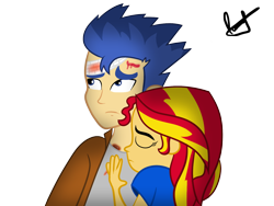 Size: 1600x1200 | Tagged: safe, artist:paulysentry, deleted from derpibooru, imported from derpibooru, flash sentry, sunset shimmer, equestria girls, blood, bruised, clothes, female, flashimmer, hurt/comfort, male, shipping, simple background, straight, transparent background, vector