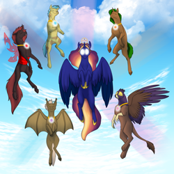 Size: 1024x1024 | Tagged: safe, artist:foxenawolf, imported from derpibooru, oc, oc only, oc:citrine quartz, oc:destined path, oc:forest breeze, oc:forest breeze (goldfur), oc:glenn, oc:glenn (goldfur), oc:silk touch, oc:watchful eyes, alicorn, bat pony, changeling, griffon, pony, fanfic:quantum gallop, alicorn oc, alternate mane six, elements of harmony, the elements in action