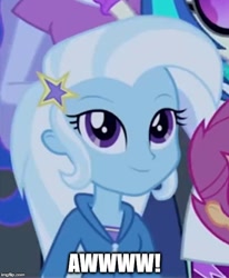 Size: 500x608 | Tagged: safe, edit, edited screencap, imported from derpibooru, screencap, dj pon-3, princess luna, scootaloo, trixie, vinyl scratch, equestria girls, rainbow rocks, caption, image macro, looking at you, meme, smiling, solo focus, vice principal luna