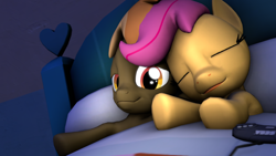 Size: 3840x2160 | Tagged: safe, artist:viranimation, imported from derpibooru, button mash, scootaloo, pony, 3d, bed, female, male, scootamash, sega genesis, shipping, sleeping, source filmmaker, straight