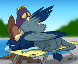 Size: 1000x818 | Tagged: safe, artist:foxenawolf, imported from derpibooru, oc, oc only, oc:glenn, oc:glenn (goldfur), oc:watchful eyes, griffon, fanfic:quantum gallop, behaving like a bird, birds doing bird things, disguise, disguised changeling, duo, fanfic art, female, male, partially open wings, preening, swimming pool, wings