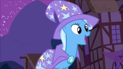 Size: 1920x1080 | Tagged: safe, imported from derpibooru, screencap, trixie, pony, unicorn, magic duel, cape, clothes, female, hat, mare, open mouth, solo, trixie's cape, trixie's hat