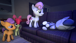 Size: 3840x2160 | Tagged: safe, artist:viranimation, imported from derpibooru, apple bloom, rumble, sweetie belle, tender taps, 3d, cute, female, hoof sucking, male, rumbelle, shipping, sleeping, source filmmaker, straight