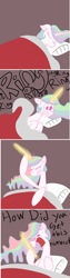 Size: 1608x6424 | Tagged: safe, anonymous artist, imported from derpibooru, princess celestia, alicorn, pony, 4chan, absurd resolution, angry, awakening, bed, blanket, colored, comic, dark background, detachable horn, drawthread, female, funny, mare, modular, phone, phone call, pillow, prank call, sleeping, solo, wat