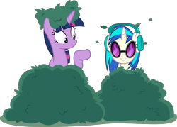 Size: 8959x6400 | Tagged: safe, artist:parclytaxel, imported from derpibooru, dj pon-3, twilight sparkle, vinyl scratch, alicorn, pony, unicorn, no second prances, .svg available, absurd resolution, bush, bushanka, bushicorn, duo, female, headphones, hide and seek, leaves, mare, pointing, simple background, smiling, transparent background, twilight bushel, twilight sparkle (alicorn), vector