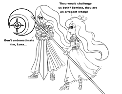 Size: 1343x1038 | Tagged: safe, artist:root, imported from derpibooru, princess celestia, princess luna, human, armor, humanized, sketch, sword, weapon