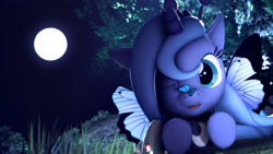 Size: 3840x2159 | Tagged: safe, artist:ashura924, imported from derpibooru, princess luna, alicorn, butterfly, pony, 3d, cute, female, filly, full moon, grass, insect on nose, looking at something, lunabetes, mare, moon, night, one eye closed, solo, source filmmaker, woona, younger