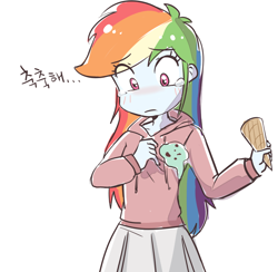 Size: 1024x1000 | Tagged: safe, artist:haden-2375, imported from derpibooru, rainbow dash, equestria girls, clothes, crying, cute, dropped ice cream, female, food, hoodie, ice cream, ice cream cone, korean, moe, sad, simple background, skirt, solo, sweater, translated in the comments, white background