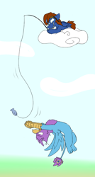 Size: 616x1145 | Tagged: safe, artist:input-command, deleted from derpibooru, imported from derpibooru, oc, oc only, oc:gyro feather, oc:gyro tech, oc:seaward skies, fish, griffon, pegasus, pony, cloud, fishing, goggles, griffonized, species swap