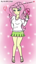 Size: 720x1280 | Tagged: safe, artist:ajrrhvk12, imported from derpibooru, fluttershy, equestria girls, blushing, clothes, cute, dialogue, envelope, female, high heels, legs, looking at you, miniskirt, shoes, shyabetes, skirt, smiling, solo