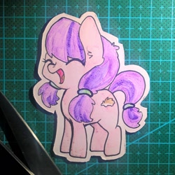 Size: 1024x1024 | Tagged: safe, artist:squishycuddle, imported from derpibooru, lily longsocks, earth pony, pony, adorasocks, background pony, craft, cute, eyes closed, female, filly, handmade, happy, lilydorable, magnet, mare, open mouth, smiling, solo