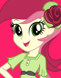 Size: 434x554 | Tagged: safe, imported from derpibooru, roseluck, equestria girls, bust, female, flower, flower in hair, looking at you, official, open mouth, red background, simple background, smiling, solo