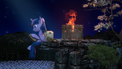 Size: 4000x2250 | Tagged: safe, artist:redaceofspades, imported from derpibooru, owlowiscious, twilight sparkle, alicorn, pony, 3d, book, cliff, fire, mountain, night, poster, reading, source filmmaker, tree, twilight sparkle (alicorn)