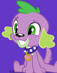Size: 434x554 | Tagged: safe, imported from derpibooru, spike, dog, equestria girls, blue background, grin, male, official, simple background, sitting, smiling, solo, spike the dog