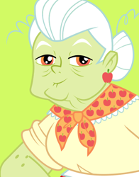 Size: 434x554 | Tagged: safe, imported from derpibooru, granny smith, equestria girls, bust, female, green background, looking at you, official, simple background, smiling, solo