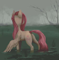 Size: 1500x1531 | Tagged: safe, artist:cobaltthecat, imported from derpibooru, fluttershy, pegasus, pony, butt, female, fog, looking away, mare, plot, solo, swamp, tree