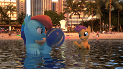Size: 1920x1080 | Tagged: safe, artist:nein-skill, imported from derpibooru, rainbow dash, scootaloo, human, 3d, beach, beach ball, blender, building, irl, palm tree, photo, playing, ponies in real life, scootalove, swimming, tree